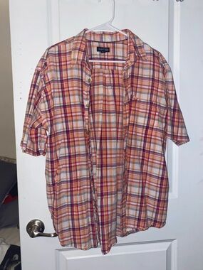 St. John's Bay Orange, White & Red Plaid Short-Sleeve Button-Down Shirt